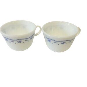 VTG Pyrex Morning Blue Mugs Set of 2 White Milk Glass Floral USA Cups